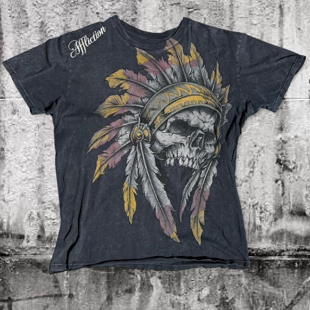 Vintage Y2K Affliction Windtalker Skull Headdress T Shirt L Black Distressed